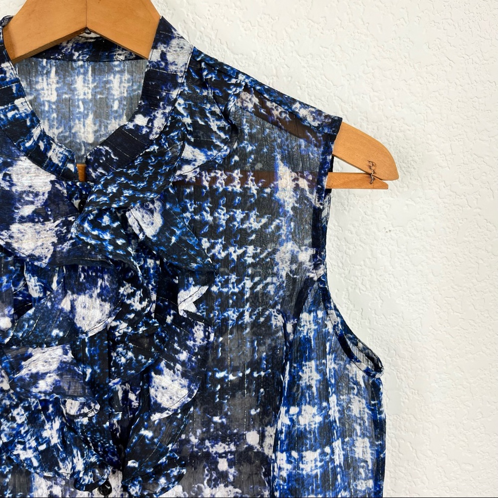 Elie Tahari Houndstooth Sheer Ruffle Yoke Button Down Blouse